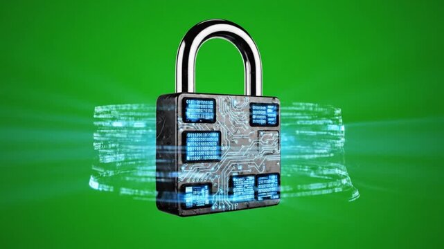 Animated digital padlock with circuit board and data stream on green background