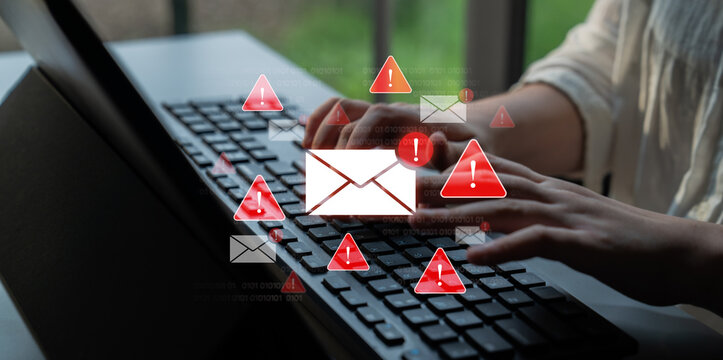 Concept of a cybersecurity warning for unsafe email communication. This alert signifies a phishing attack, spam, or malware risk that requires immediate attention to prevent fraud. Fermion - Powered by Adobe