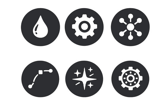 Innovation Icon Set. Solid style round vector icons of innovation craft: inkdrop, gearwheel, motion curve, connector, spark,