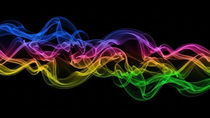 Abstract colorful wavy smoke-like lines flowing horizontally across a dark background, creating a vibrant and dynamic visual effect.