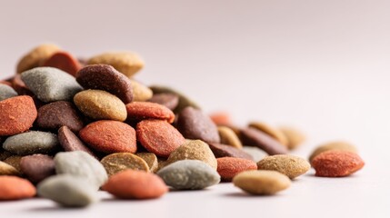 A collection of different seeds is spread out on a flat surface. The seeds show a range of colors and shapes. The lighting is bright highlighting their features.