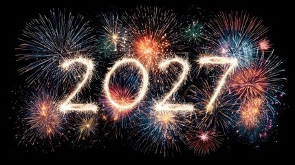 Felicitaci&oacute;n de a&ntilde;o nuevo de 2027, texto dibujado con bengalas y fuegos artificiales