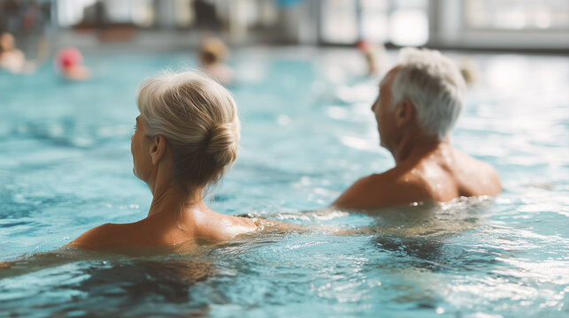 Senior couple exercising in swimming pool aqua therapy class active aging wellness and rehabilitation concept