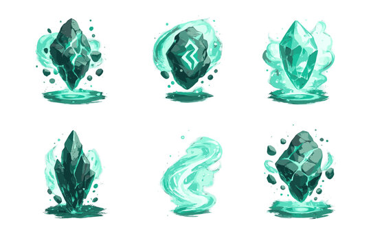 Ether Stone Icons. Solid style icons of Ether Stone: levitating rock, glowing rune, translucent gem, silent crystal, light flow,