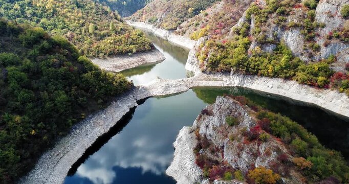 Aerial view of Uvac River junction and canyon walls, Serbia