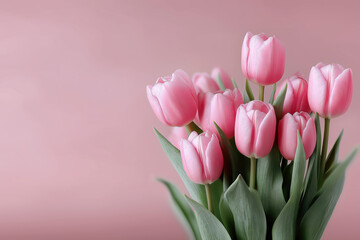Naklejka premium Pink tulip bouquet on pastel background spring flowers for greeting cards posters and feminine branding