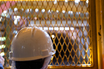 Selective focus on safety hardhat of tourist heading into the Lackawanna Coal Mine Tour at McDade Park.