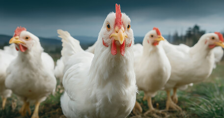 White chickens walking on farm field free range poultry agriculture food production and rural countryside scene