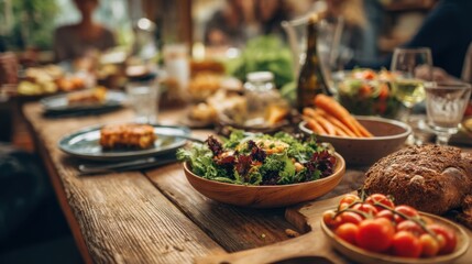 People enjoy a meal together at a long wooden table. The table is filled with various fresh dishes and drinks. They share food smiles and conversation as they eat.