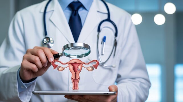 Women health check concept. doctor is holding a magnifying glass with uterus symbol to Medical check uterus female reproductive system, PCOS, ovary gynecologic and cervical cancer for Healthy feminine