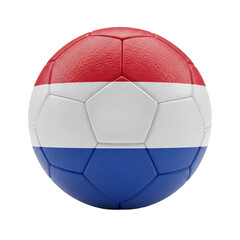 Naklejka premium Soccer ball with a red, white, and blue pattern resembling the Dutch flag, featuring a textured surface and dynamic lighting, set against a clean, transparent background for a vibrant and sporty feel.