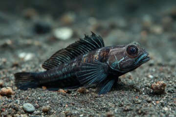 Fototapeta premium Black combtooth blenny Ecsenius nami swimming near ocean floor during daylight in a vibrant marine ecosystem