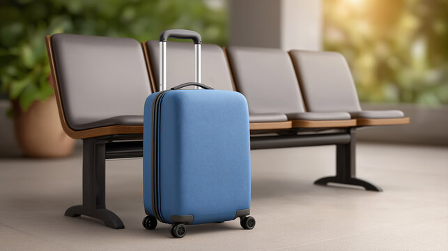 Blue travel suitcase near empty airport seats waiting area luggage on modern terminal floor - Powered by Adobe