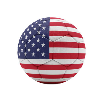 Soccer ball with American flag design, featuring red, white, and blue colors with star and stripe patterns on a transparent background.
