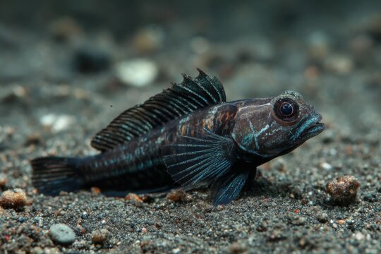 Black combtooth blenny Ecsenius nami swimming near ocean floor during daylight in a vibrant marine ecosystem