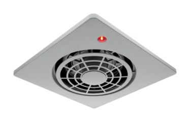 Modern square ventilation fan with a circular grille and a glowing red indicator light for efficient air circulation and exhaust in residential or commercial spaces.