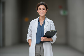 Smiling female doctor with clipboard standing in hospital corridor healthcare leadership and professional medical career