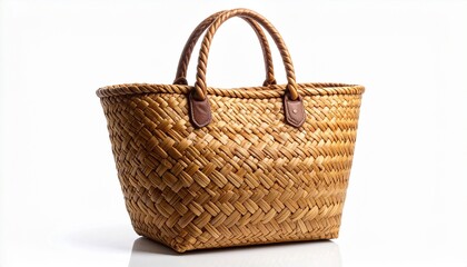 Handcrafted Woven Wicker Tote Bag with Braided Handles Isolated on a Clean Reflective White Background