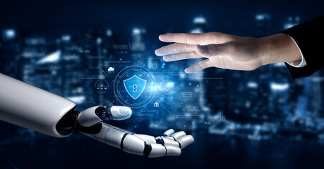 AI securing digital infrastructure, analyzing biometric authentication, monitoring threats, and managing identity protection through intelligent cybersecurity protocols. Vouch