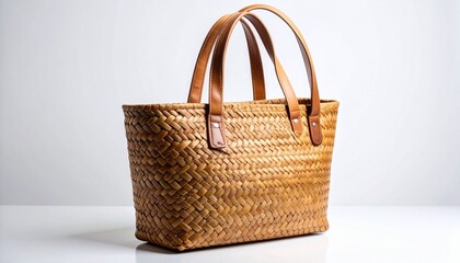 Handcrafted Woven Wicker Tote Bag with Braided Handles Isolated on a Clean Reflective White Background