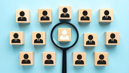 Magnifying Glass Highlighting a Single White Person Icon Among Black Icons on Wooden Blocks Over a Light Blue Background