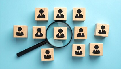 Magnifying Glass Highlighting a Single White Person Icon Among Black Icons on Wooden Blocks Over a Light Blue Background