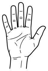 Obraz premium a black and white drawing of an open hand showing the middle finger, black, drawing, finger, hand, illustration, open, outline, palm, show, against transparent background