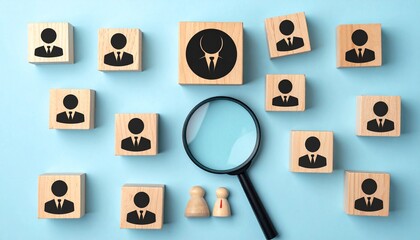 Magnifying Glass Highlighting a Single White Person Icon Among Black Icons on Wooden Blocks Over a Light Blue Background