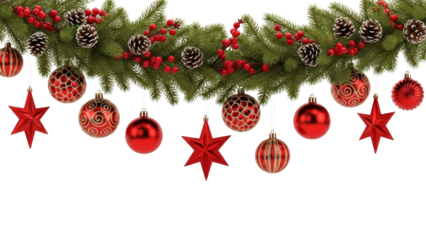 Christmas garland with ornaments, pinecones, and red berries beautifully decorates the scene, evoking a warm and joyful holiday spirit.