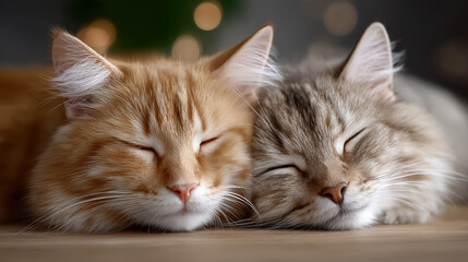 Fototapeta na wymiar Two sleeping fluffy cats cuddling together on wooden floor cozy pets friendship and home comfort concept