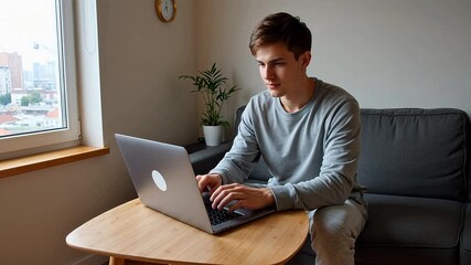 A focused young man wearing comfortable loungewear works intently on his laptop while sitting on a sofa in his modern, sunlit city apartment, representing remote work and modern lifestyle