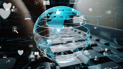 This image features a digital globe encapsulated by communication icons, emphasizing the theme of global connectivity and interaction in today technology-driven world. Xenic