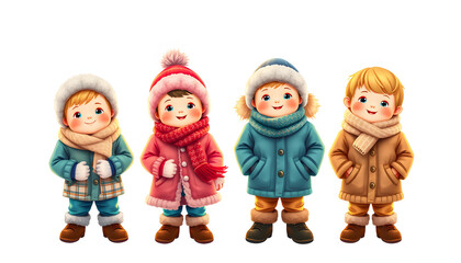 Collage of adorable little children in winter clothes on white background, glowing neon. White tone