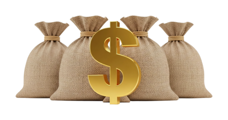 Golden dollar sign stands prominently in front of several full burlap money bags, symbolizing wealth, finance, and economic success.