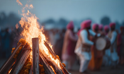 Bonfire burning with people celebrating in the background. Lohri festival celebration. Traditional Punjabi event.
