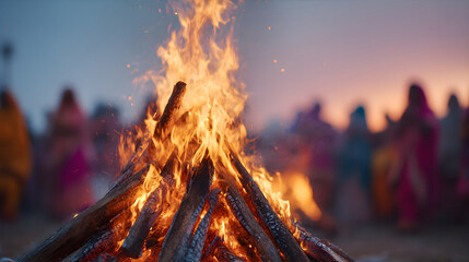 Large bonfire burning brightly with people gathered in background. Celebration of a festival or social gathering at dusk. A concept of tradition.