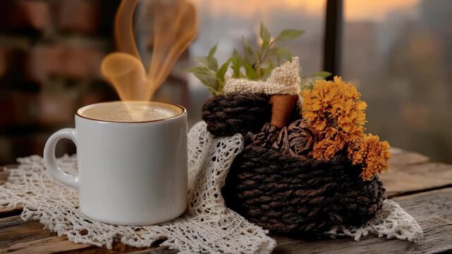 Warm coffee steaming in a pristine white mug, resting on an intricate lace doily atop textured wooden planks. Gentle window light, with crafted yarn accents and dried orange flowers.