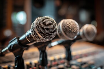 Selection of microphones in a professional recording studio setup for audio production and music creation