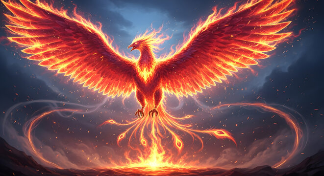 Fiery phoenix with majestic and powerful mood rising from flames against a dramatic stormy sky