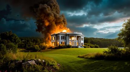 A large house is on fire with flames and smoke billowing from it set against a dramatic sky with dark clouds and a hint of blue sky