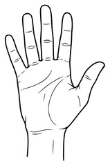 Obraz premium a black and white outline of a hand showing the palm of the hand to the viewer, black, drawing, finger, hand, illustration, open, outline, palm, show, viewer, against transparent background