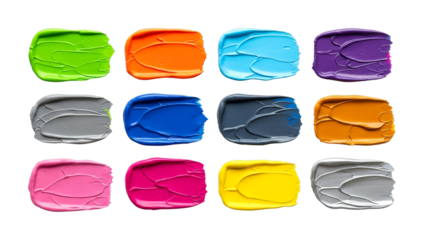 Twelve colorful paint swatches with vibrant textured strokes create a dynamic and artistic display of diverse hues, perfect for creative projects and design elements.