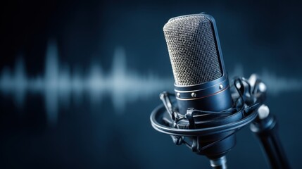A microphone is positioned in a recording studio. Sound waves appear in the background. This scene captures a moment of audio recording and creativity in a studio setting.
