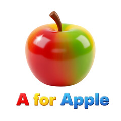 3D icon of a shiny red and green apple, educational alphabet concept for A for Apple, stylized fruit for healthy food and learning themes.