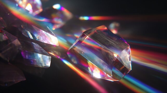 Crystal prism refracting light into rainbow colors on dark background with multiple crystal shards - Powered by Adobe