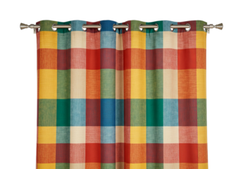Colorful plaid curtain hanging on a metal rod, featuring a vibrant checkered pattern in various warm and cool hues, providing a cozy home decor element.