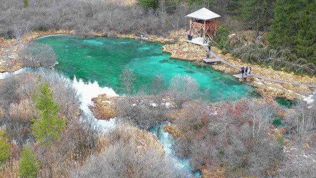Aerial panorama of Zelenci Springs nature reserve, Slovenia