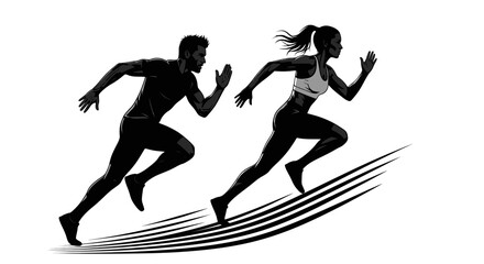 Obraz premium Running man and woman, isolated vector silhouettes. Run, side view. Silhouettes of athletic looking male and female runners running. JPEG version.