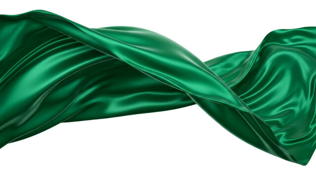 Flowing green silk fabric gracefully drapes and twists, creating elegant waves and a luxurious, smooth texture that shimmers with vibrant color.