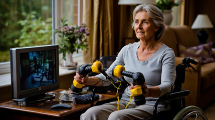 An elderly woman in a wheelchair playing a video game